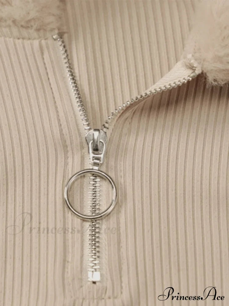 Faux Fur Trim Rib Modern Knit Long Sleeve Mini Dress