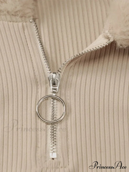 Faux Fur Trim Rib Modern Knit Long Sleeve Mini Dress