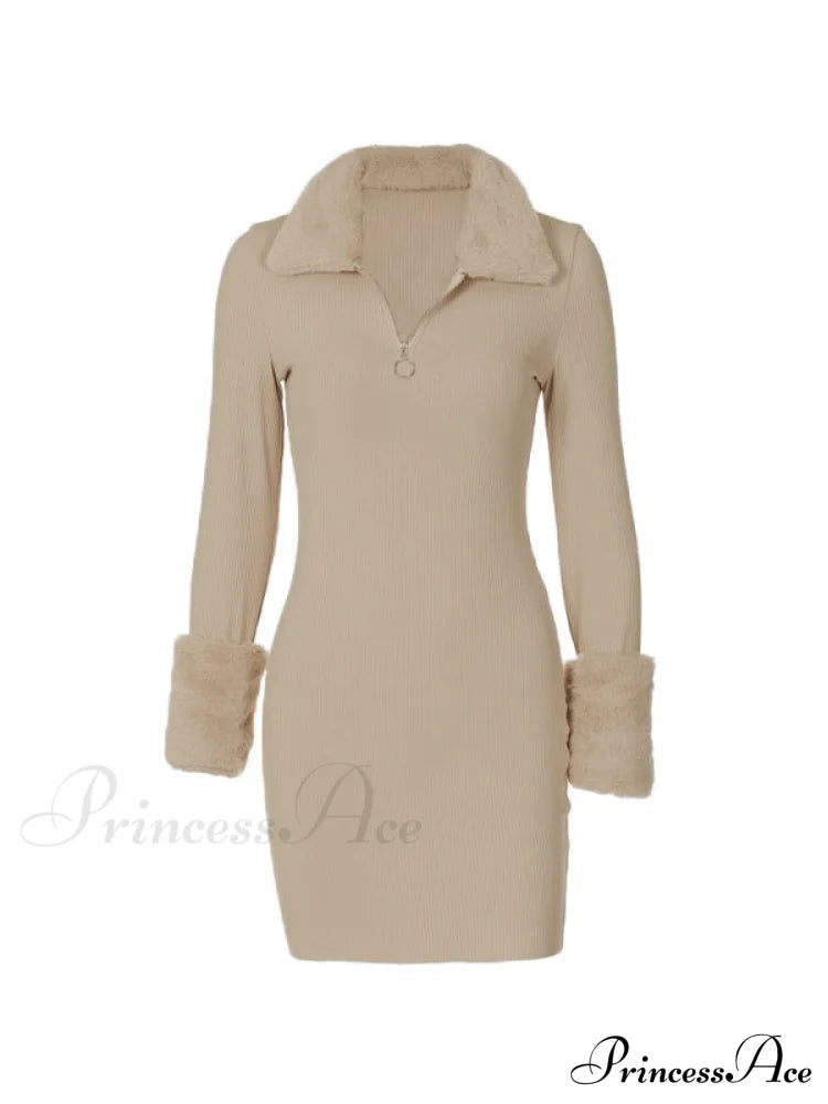 Faux Fur Trim Rib Modern Knit Long Sleeve Mini Dress