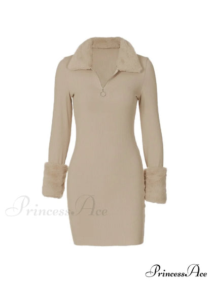Faux Fur Trim Rib Modern Knit Long Sleeve Mini Dress