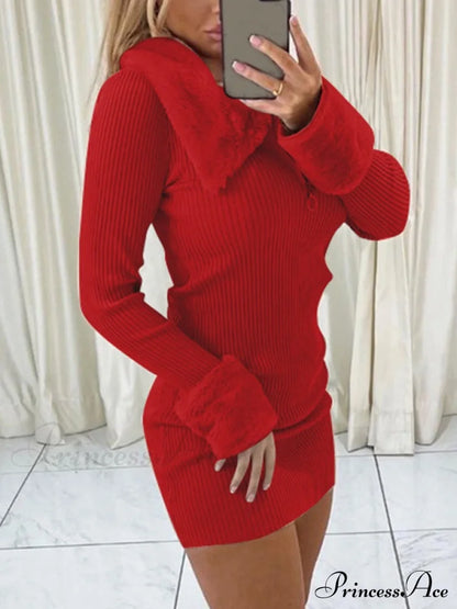 Faux Fur Trim Rib Modern Knit Long Sleeve Mini Dress