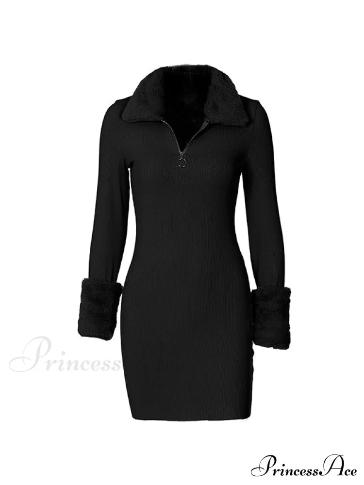 Faux Fur Trim Rib Modern Knit Long Sleeve Mini Dress