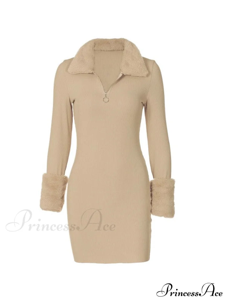 Faux Fur Trim Trendy Long Sleeve Mini Dress