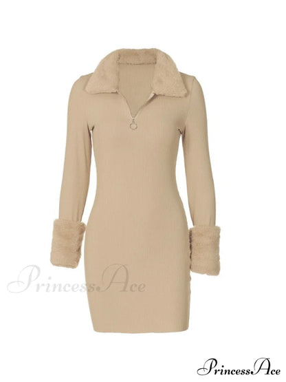 Faux Fur Trim Trendy Long Sleeve Mini Dress