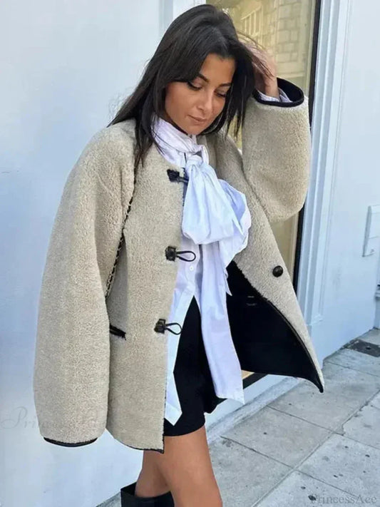 Faux Wool Loose Retro O-neck Overcoat