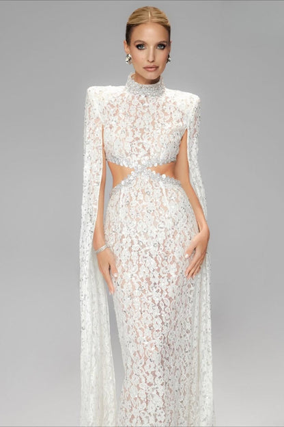 Lace Beaded Sequin Slim Cape Reception Dress