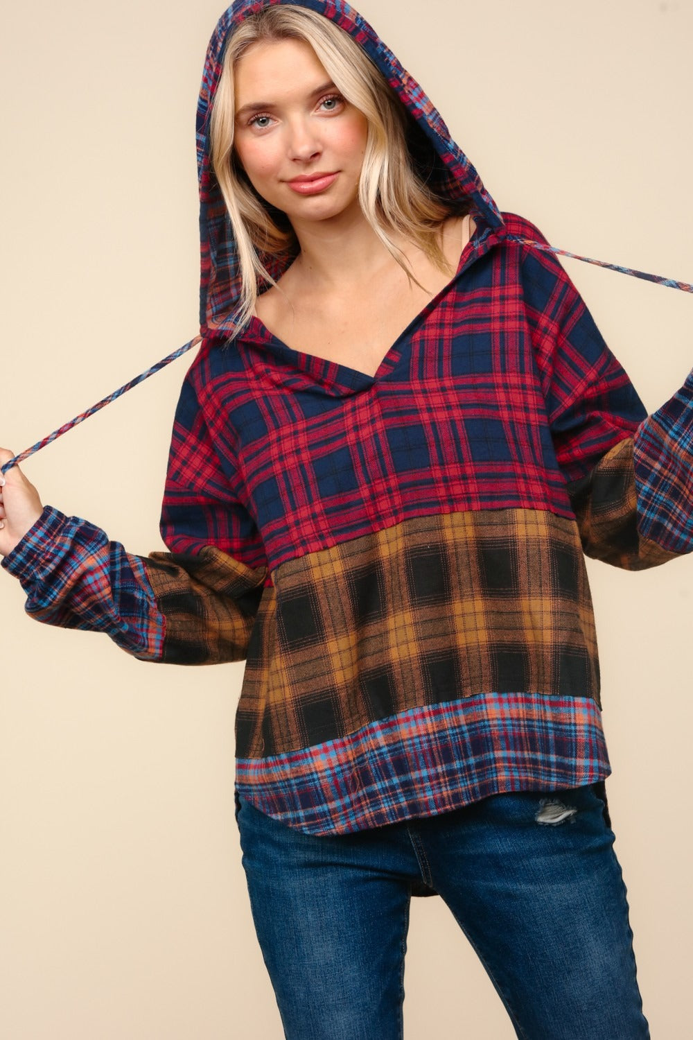 Hildegard | Haptics hooded top with checked trim and cut detail
