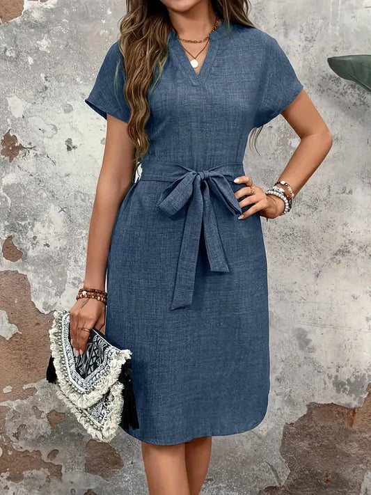Hannah® | Elegant Short-Sleeved V-Neck Dress With Self-Tie Belt