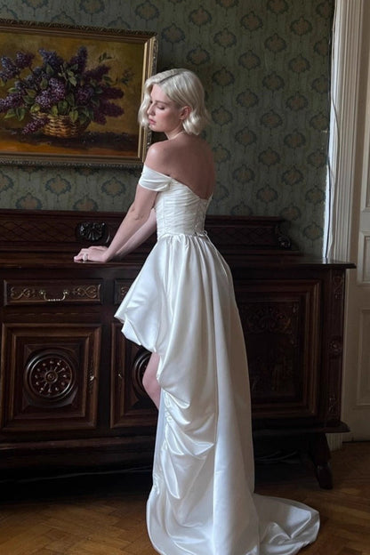 Satin Off Shoulder High Low Reception Dress
