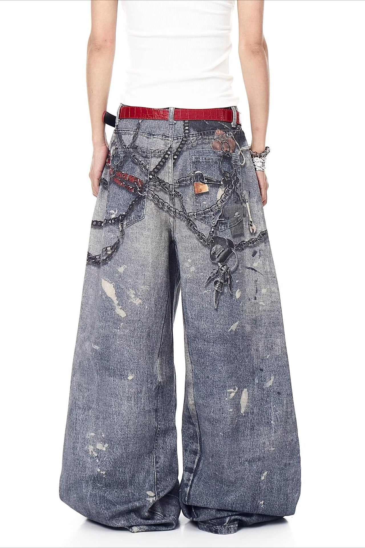 High Street 3D Chain Print Loose Wide Leg Jeans