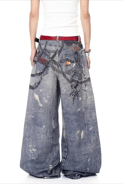 High Street 3D Chain Print Loose Wide Leg Jeans