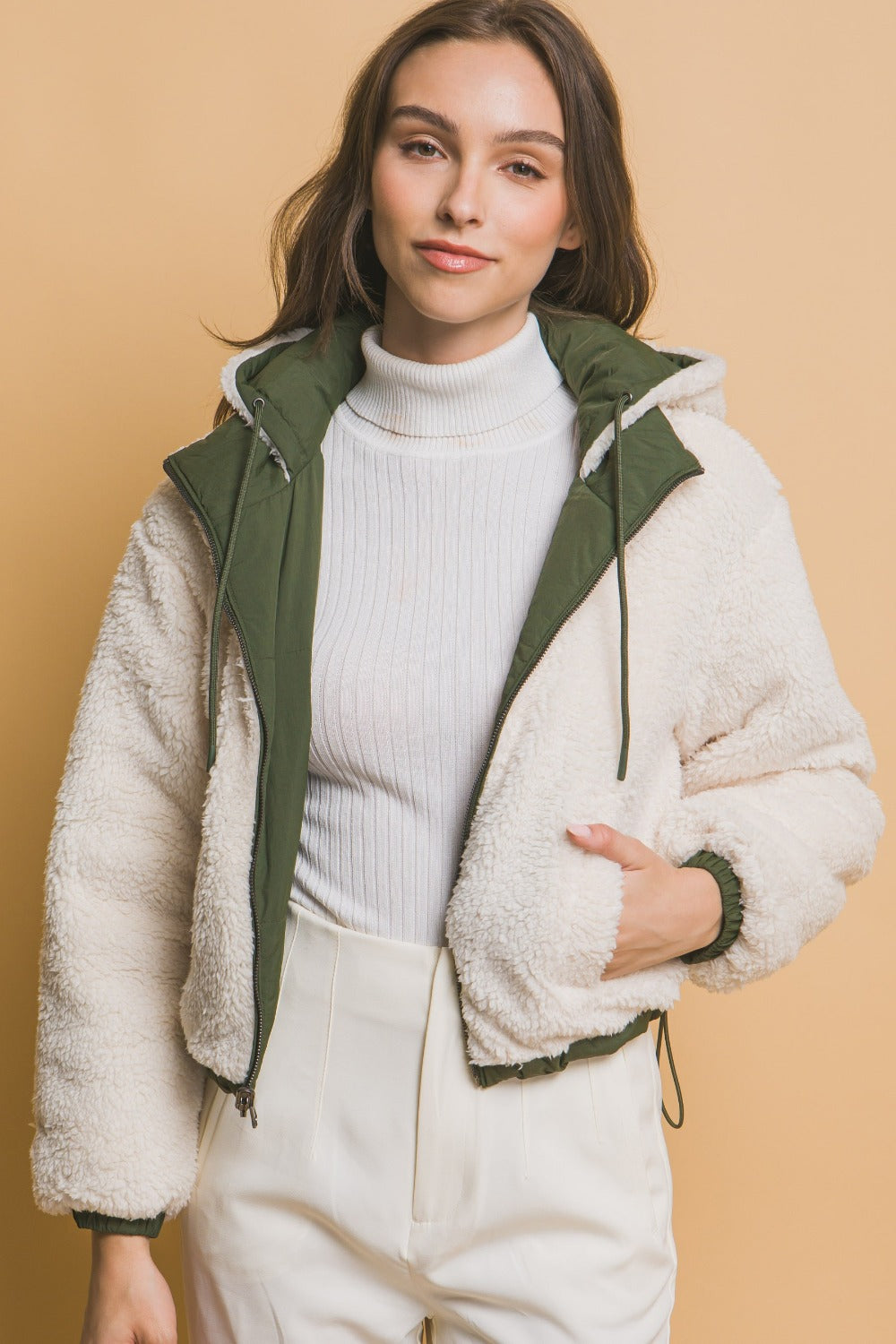 Kimberly | Love Tree cropped reversible hooded zip-up sherpa jacket