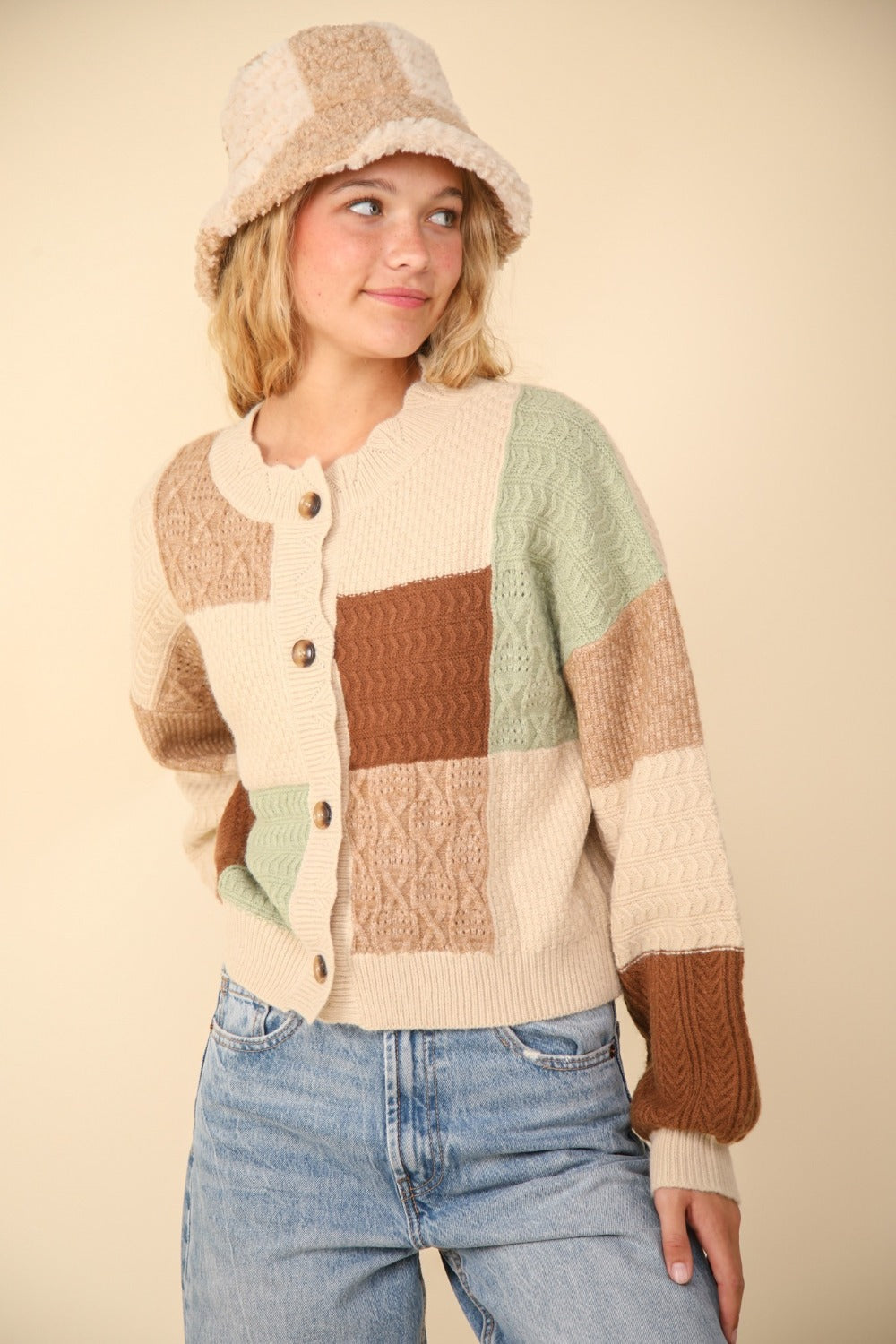 Margarita | Textured sweater cardigan with color block buttons