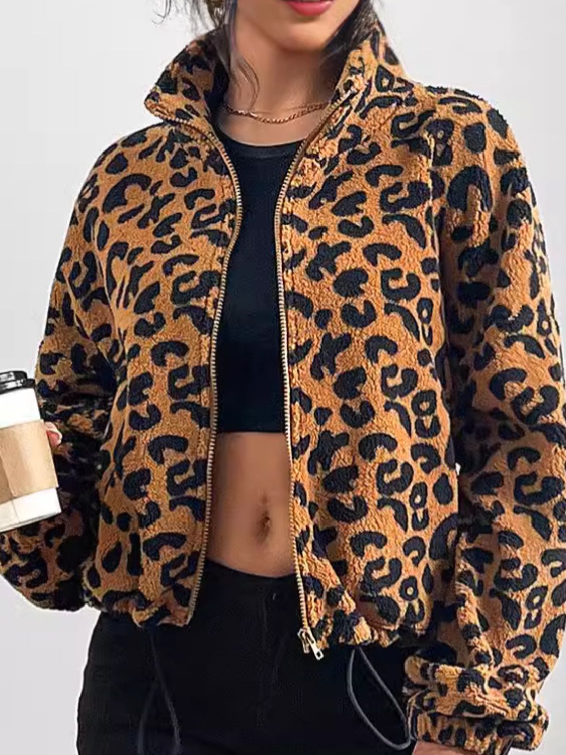 Waleska | Leopard print long sleeve jacket with zip fastening