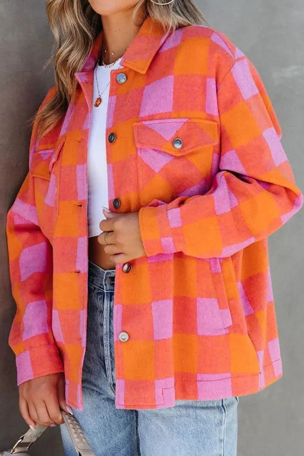 Adelina | Long sleeve jacket with a color block check pattern and buttons