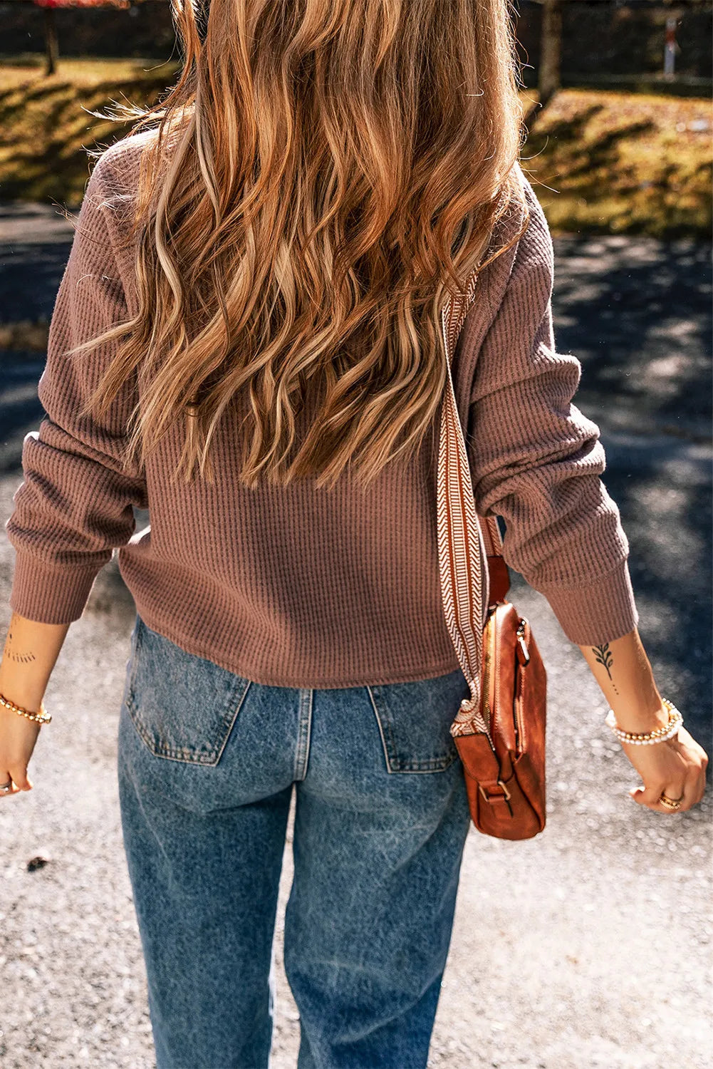 Annabelle | Waffle knit long sleeve blouse with a crew neck