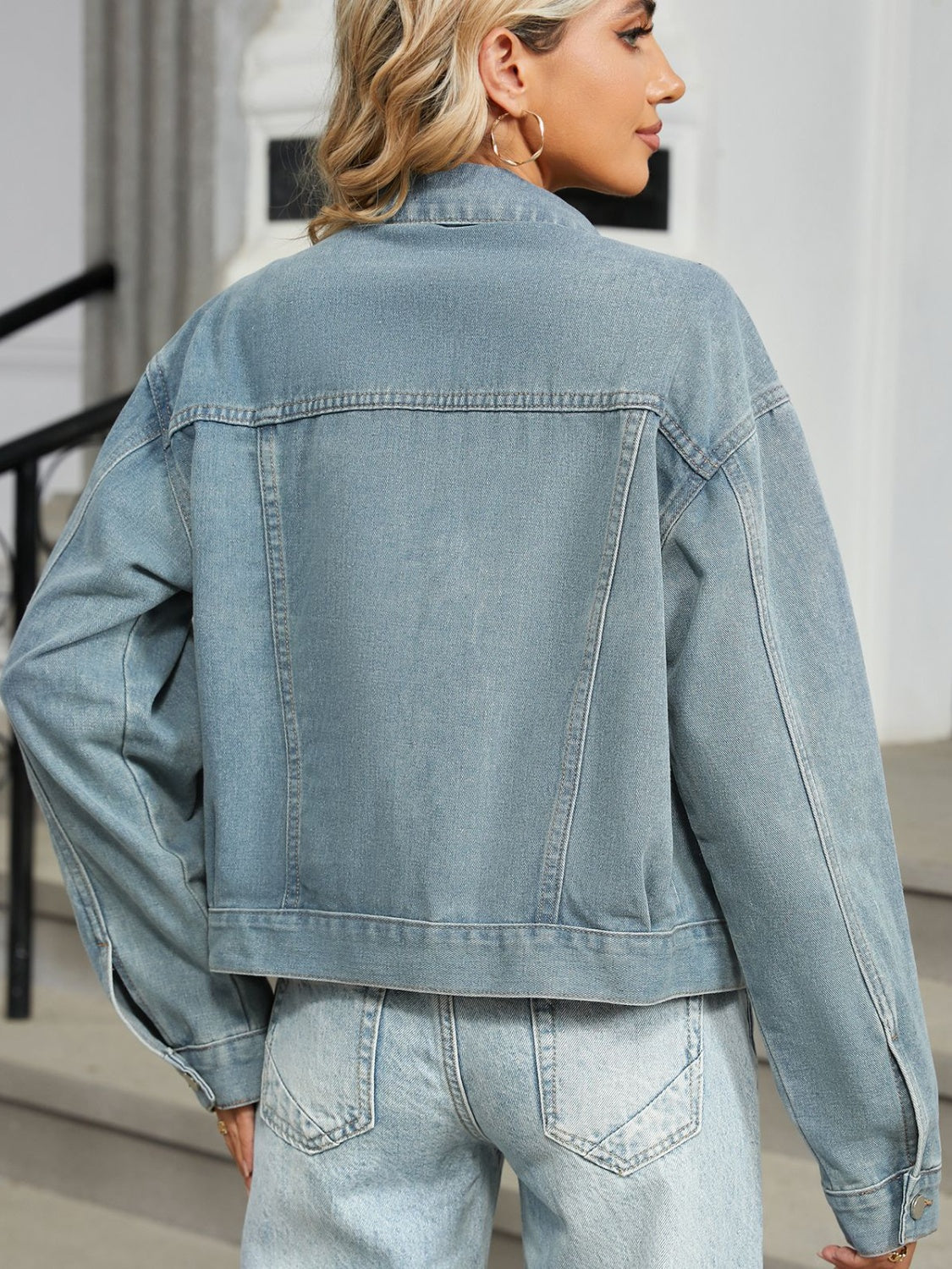 Eliana | Long-sleeved denim jacket with button placket and rhinestone and pearl trim