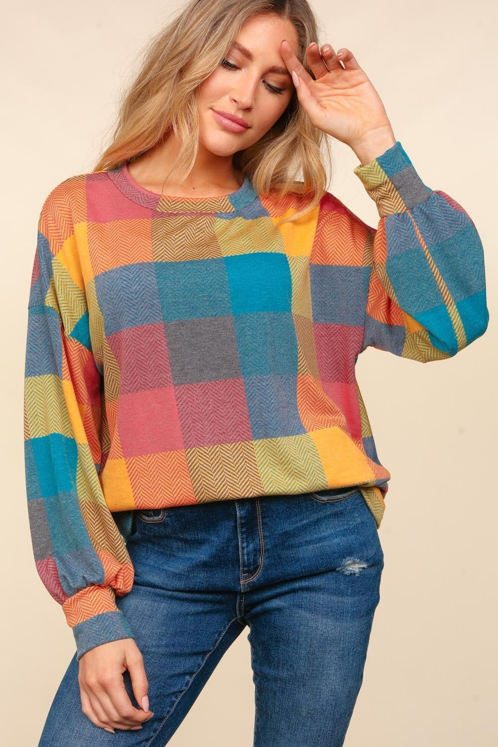 Clara | Haptics color block check crew neck top