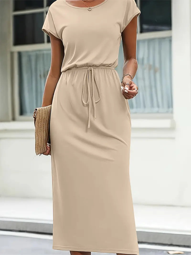 Hazel® | Casual Short-Sleeved Round-Neck Dress With Self-Tie Belt