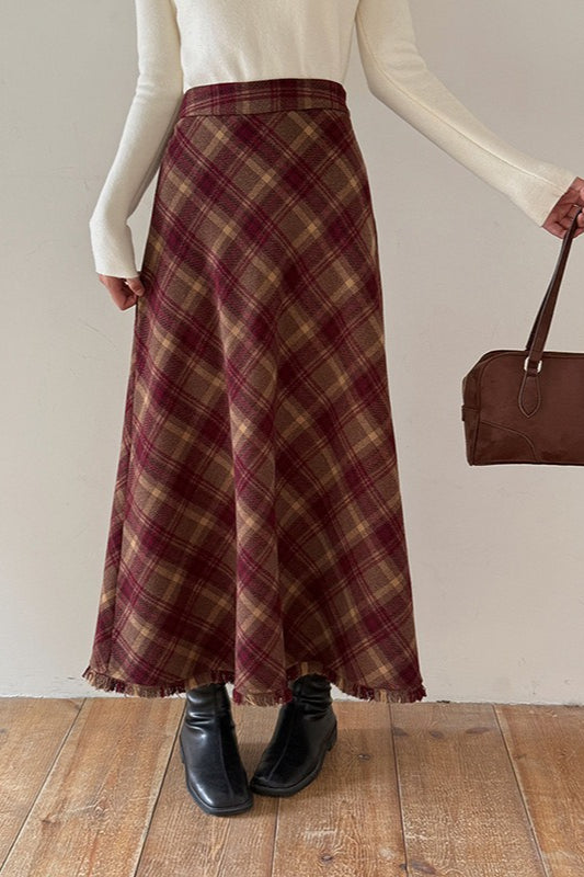 Red Plaid Wool Bodycon Skirt