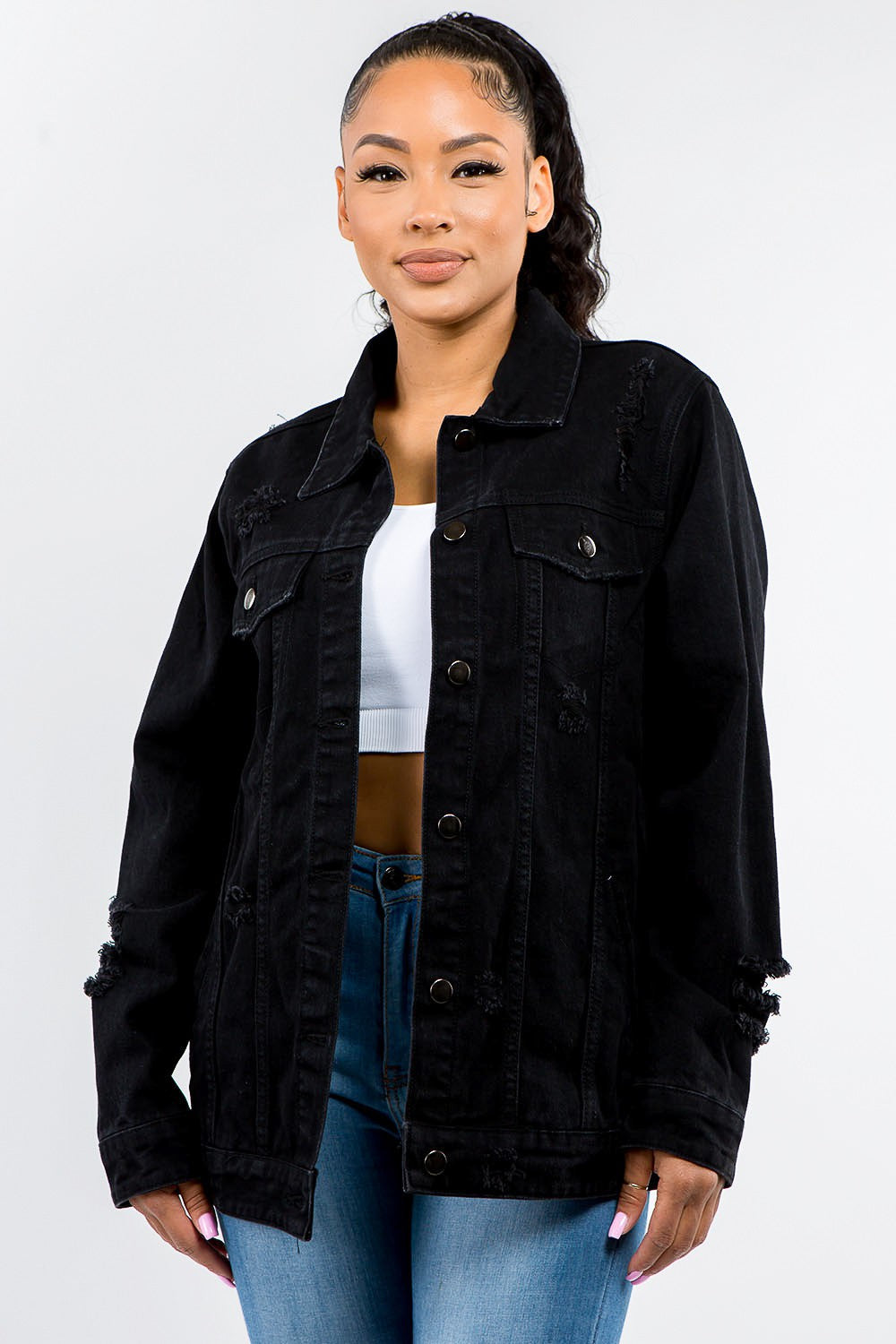 Estela | American Bazi full size distressed denim button down jacket