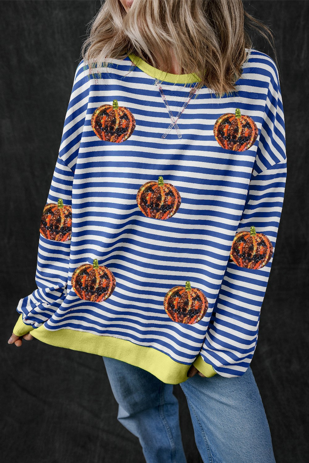 Felicidad | Pumpkin striped crew neck long sleeve sweatshirt