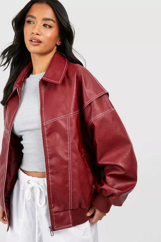 Abigail | Red oversized leather jacket