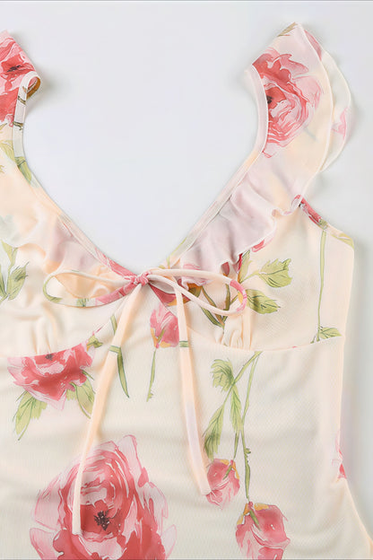 Floral Print Mesh V Neck Cami Midi Dress