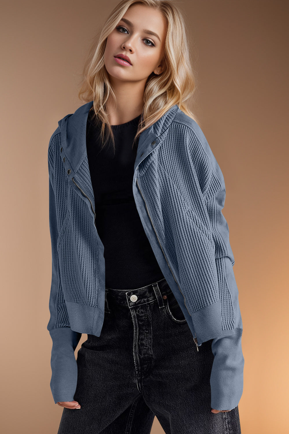 Elsa | Double Take waffle knit long sleeve zip hoodie