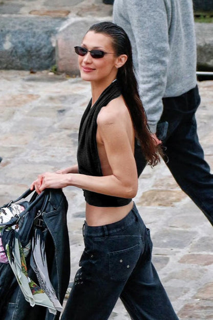 Loose V Neck Halter Solid Waist Button Backless Tank Top