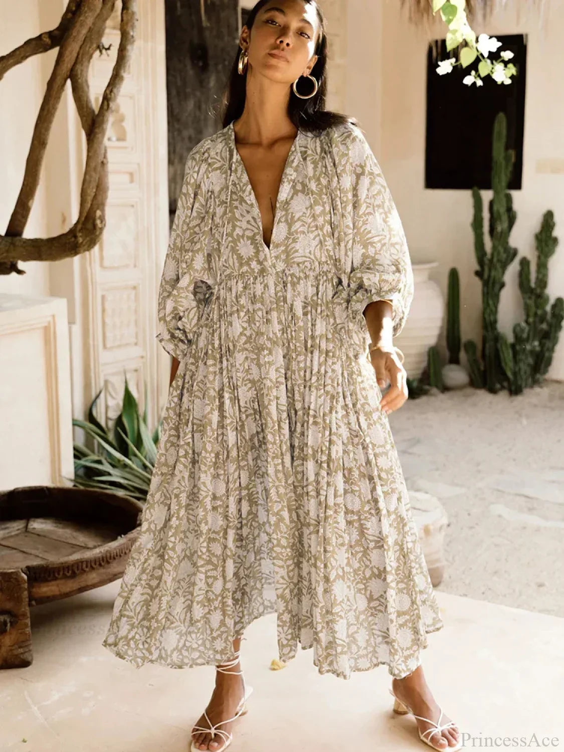 Fitshinling Boho Vintage Lantern Sleeve Dress