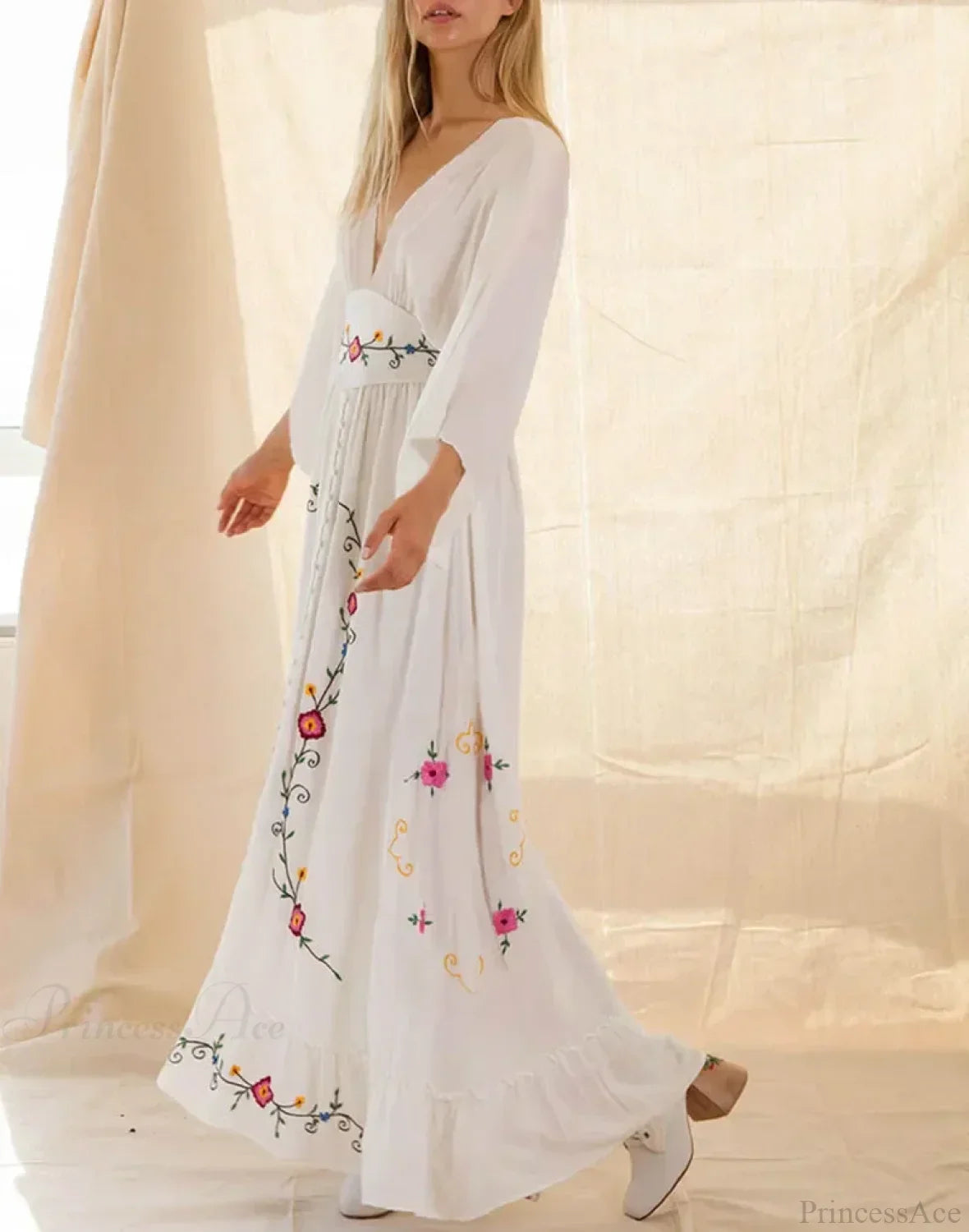 Flare Long Sleeve Deep V-neck Cotton Dress