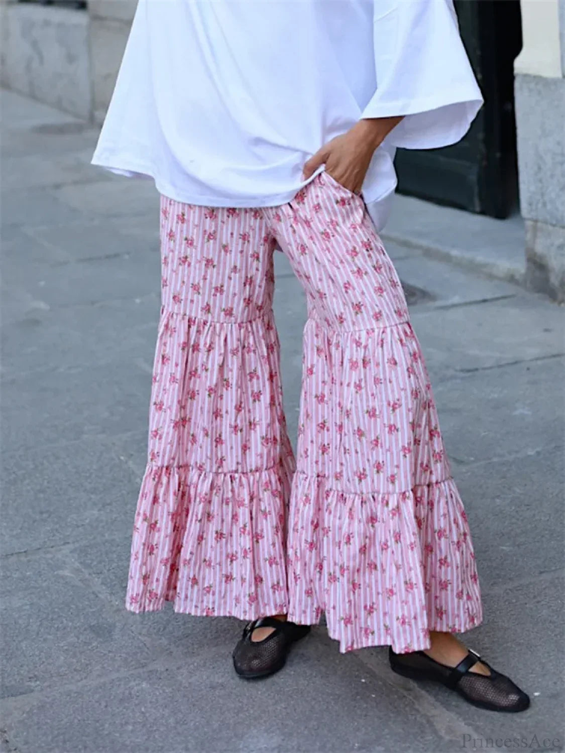Flared Striped Floral Elastic High Waist Pant