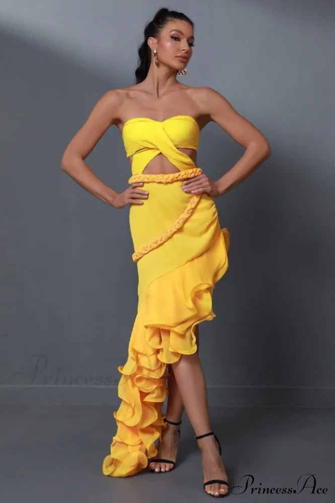 Fleur Yellow Stylish Strapless Cutout Gown