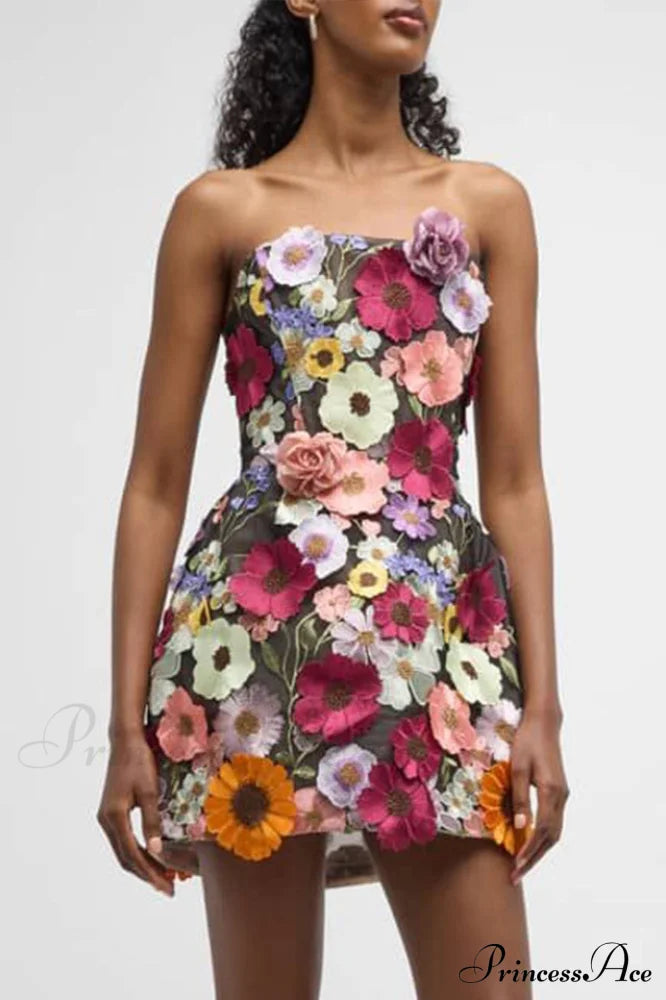 Floral 3D Embroidery Charming Tube Mini Dress