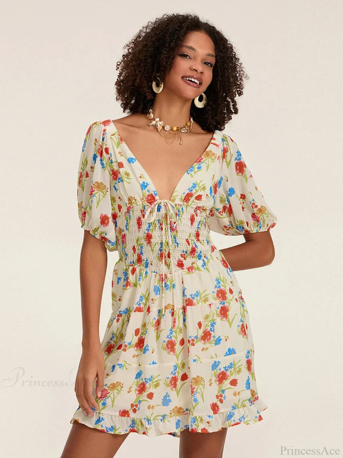 Floral A-Line Mini Puff Short Sleeve Tie-Up Front Flared Vacation Party Dress