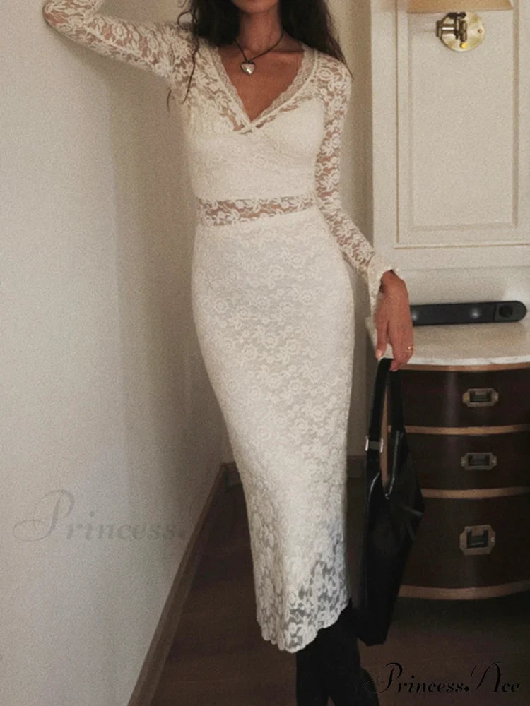 Floral Lace Long Trendy Sleeve Plunge Midi Dress