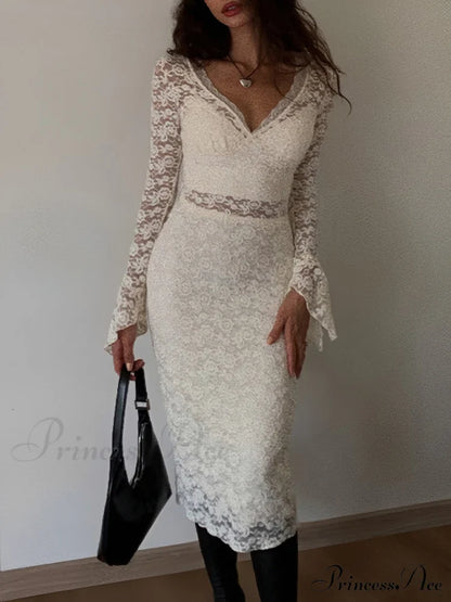 Floral Lace Long Trendy Sleeve Plunge Midi Dress