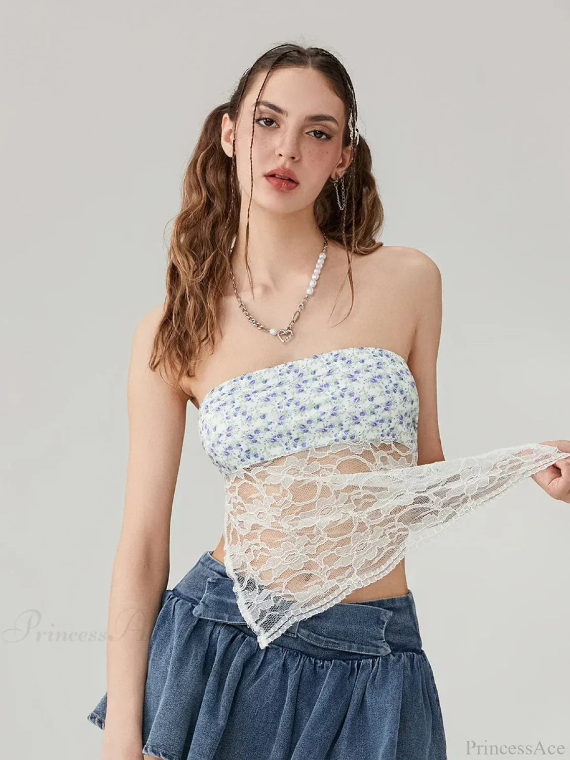 Floral Lace Mesh Sheer Strapless Backless Tie-up Tube Top
