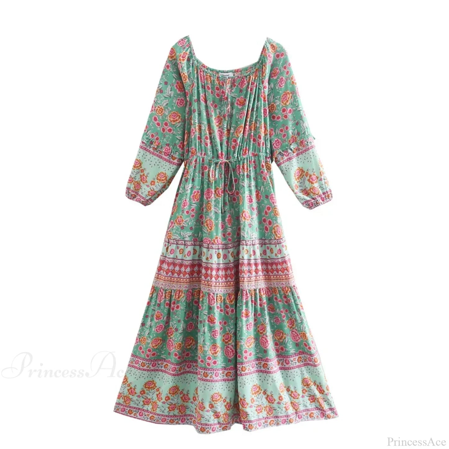 Floral Long Sleeve Belt Tassel Off Shoulder Boho Dress
