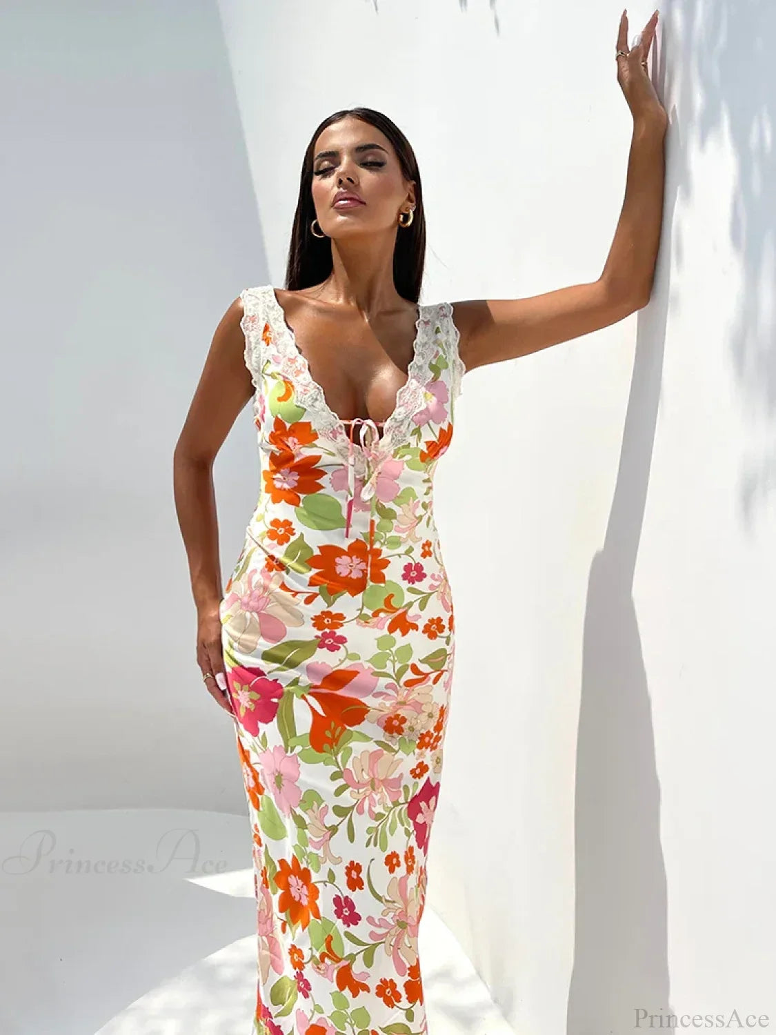 Floral Print Backless V-neck Bodycon Maxi Floral Dress