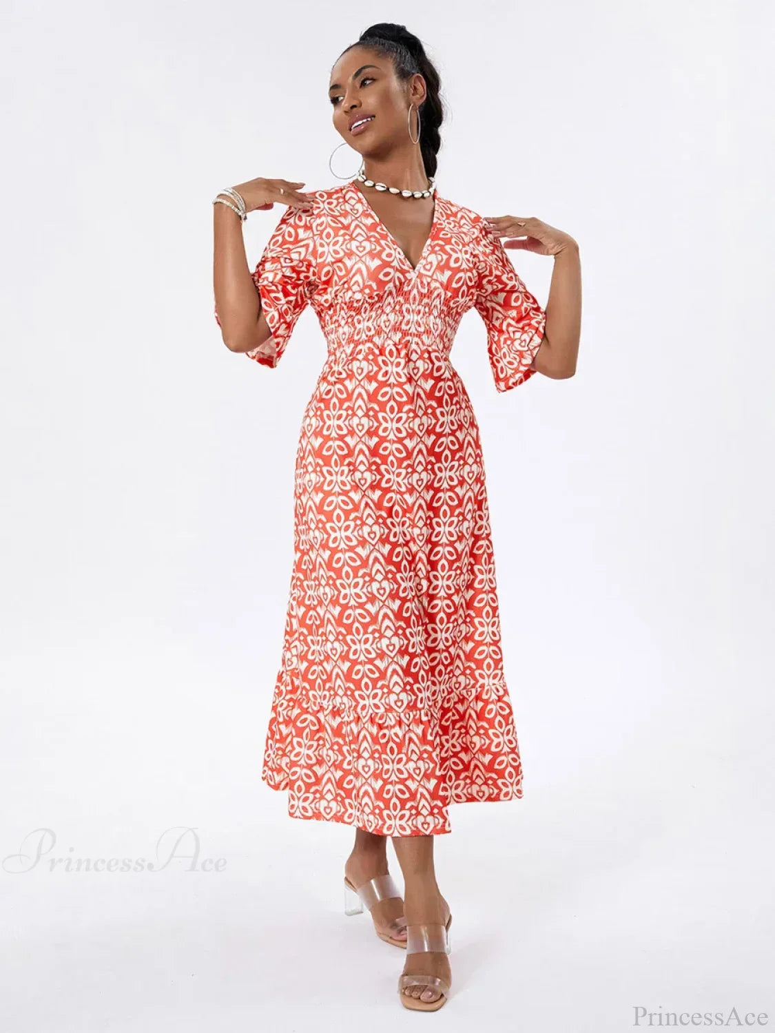 Floral Print Beach Midi Casual Flare Sleeve A-Line Ruffled Floral Dress