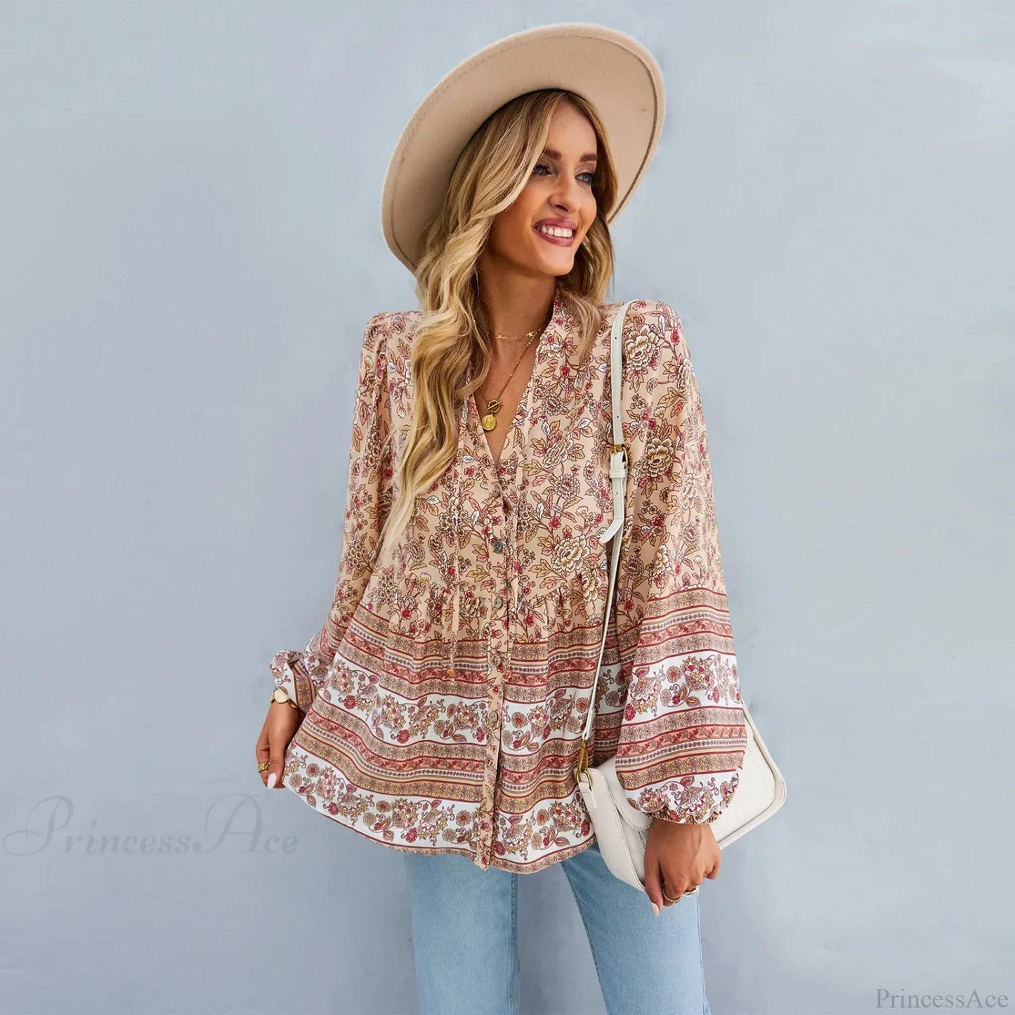 Floral Print Button-Up Long Sleeve Boho Blouse