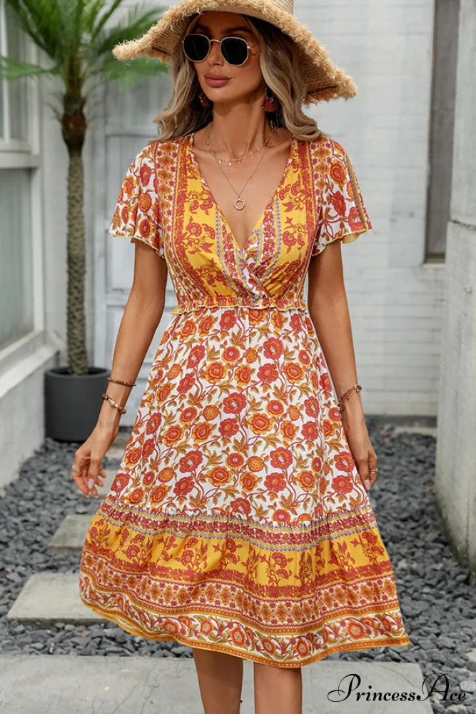 Floral Print Deep Trendy V Neck Mini Dress