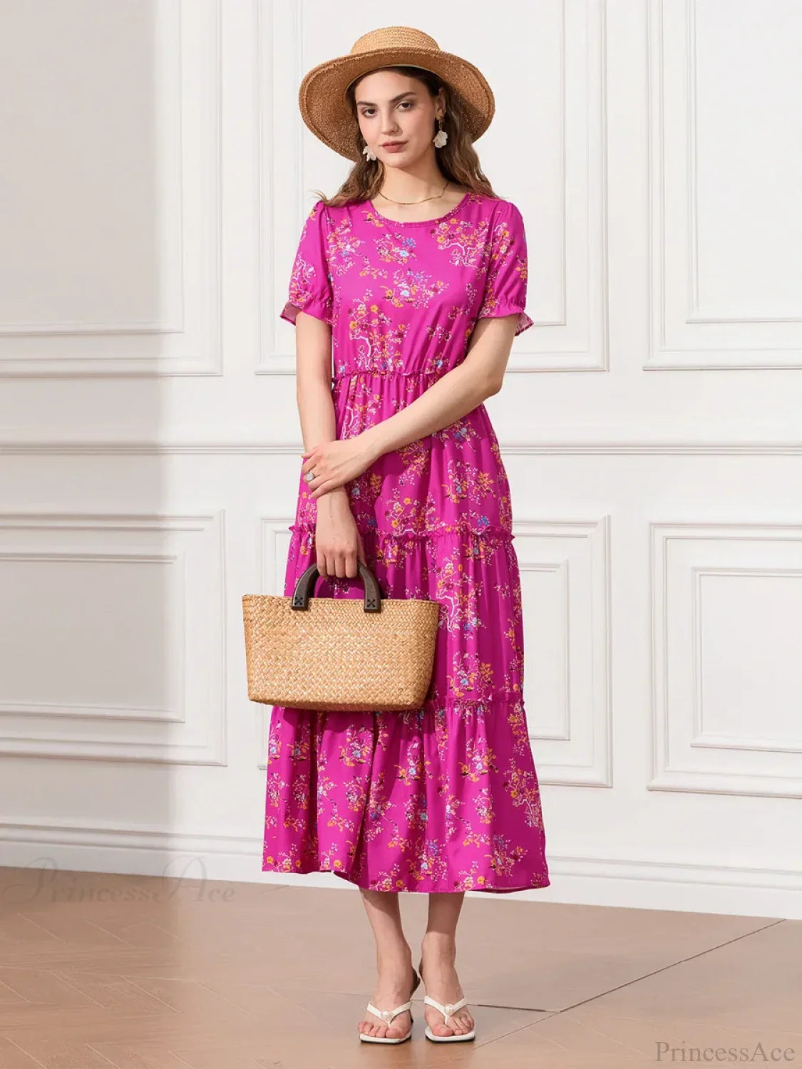 Floral Ruched Tiered Puff Sleeve Pleated Flowy Long Floral Dress