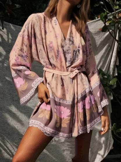 Floral Sashes Bat Sleeve Boho Kimono Dress