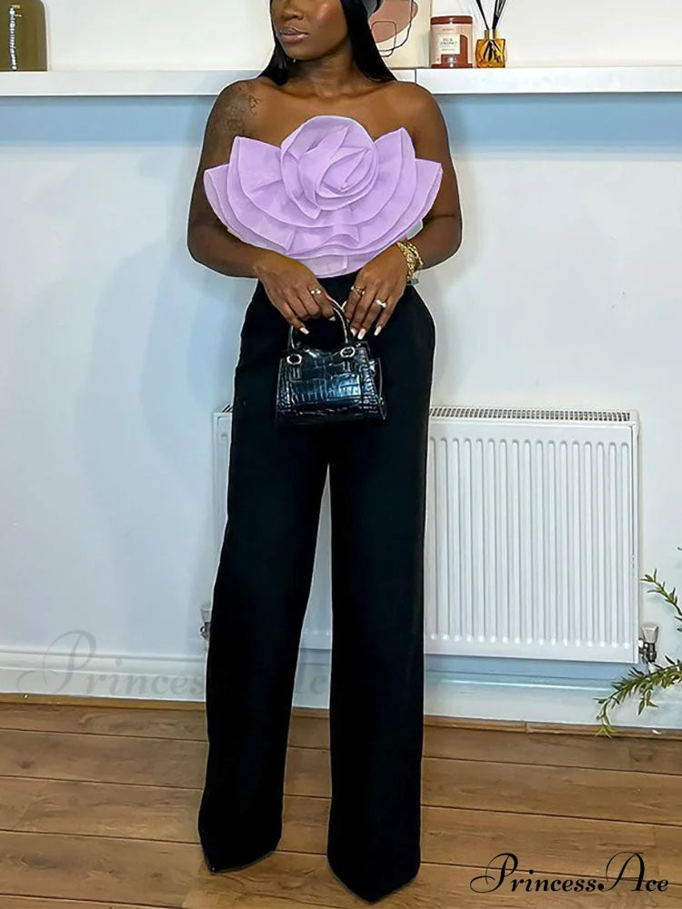 Floral Tie Strap Sheer Lace Mesh Sophisticated Scalloped Crop Tube Top - Lilac
