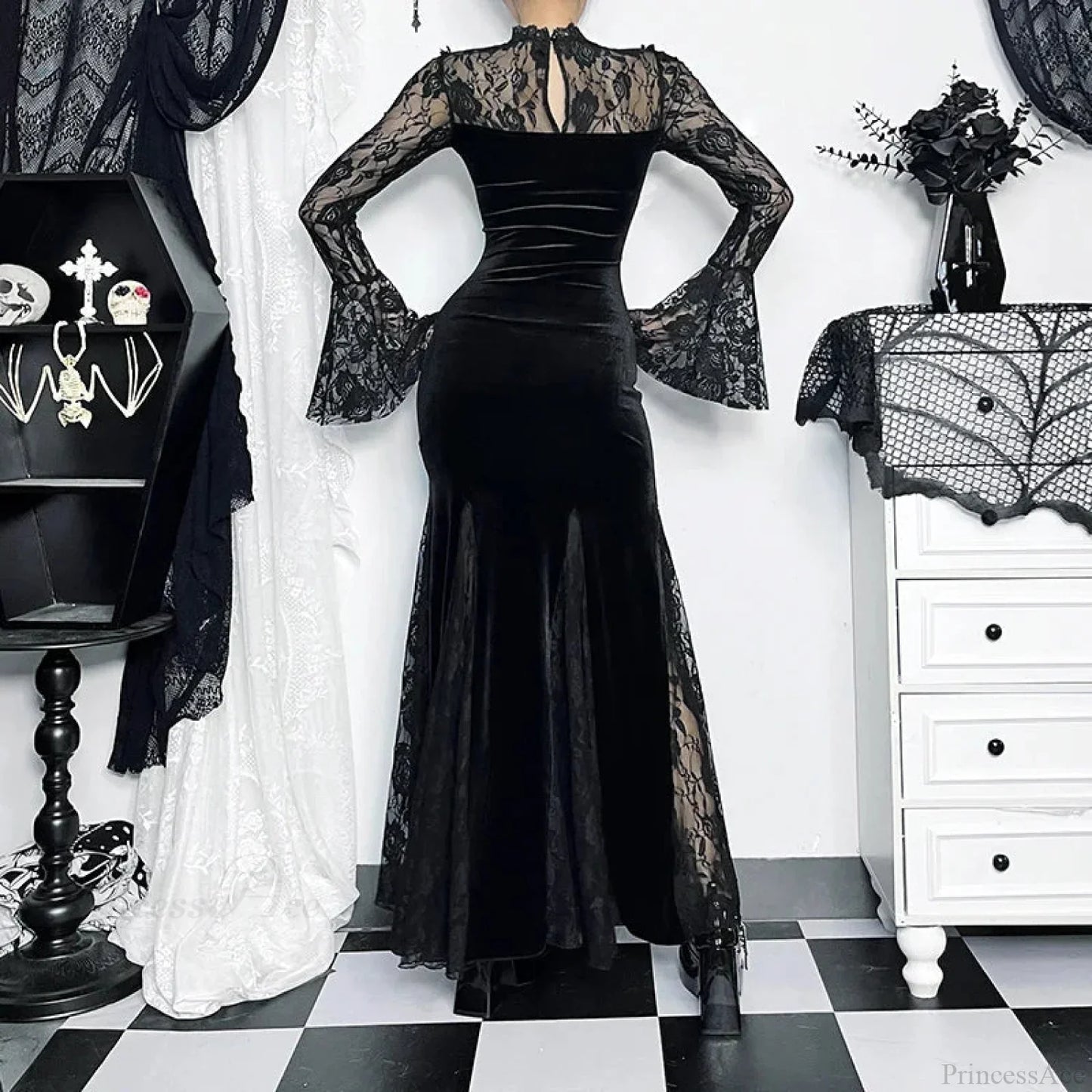 Flower Lace Mesh Transparent Long Dress