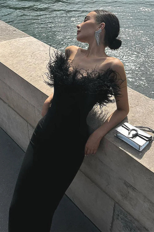 Frayed Edge V-Neck Strapless Fitted Maxi Party Dress