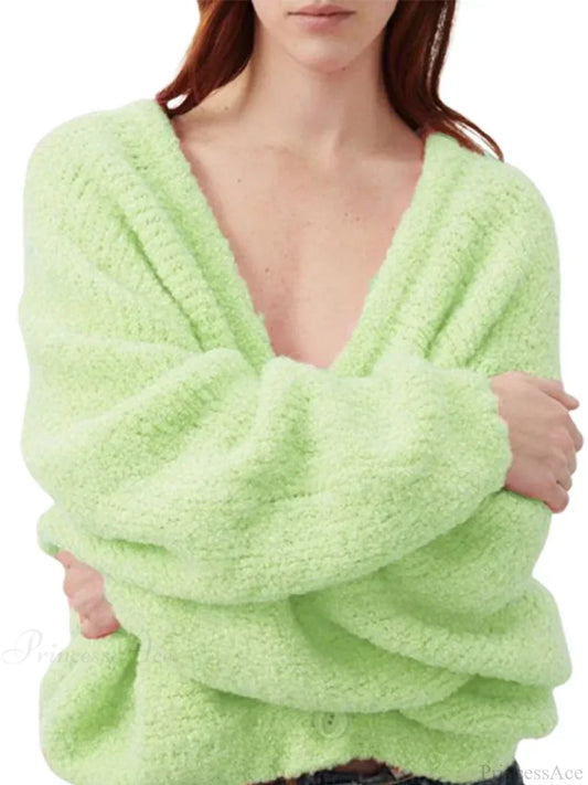 Fuzzy V-neck Button-front Cardigan